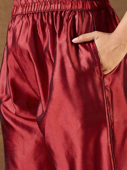 Aanira Maroon Cotton Silk Jacquard Kurta Pant With Banarasi Silk dupatta