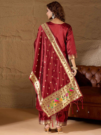 Aanira Maroon Cotton Silk Jacquard Kurta Pant With Banarasi Silk dupatta
