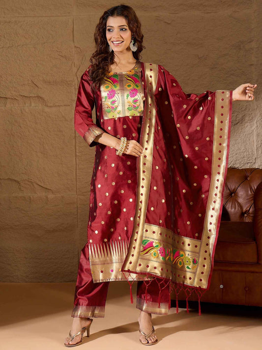 Aanira Maroon Cotton Silk Jacquard Kurta Pant With Banarasi Silk dupatta