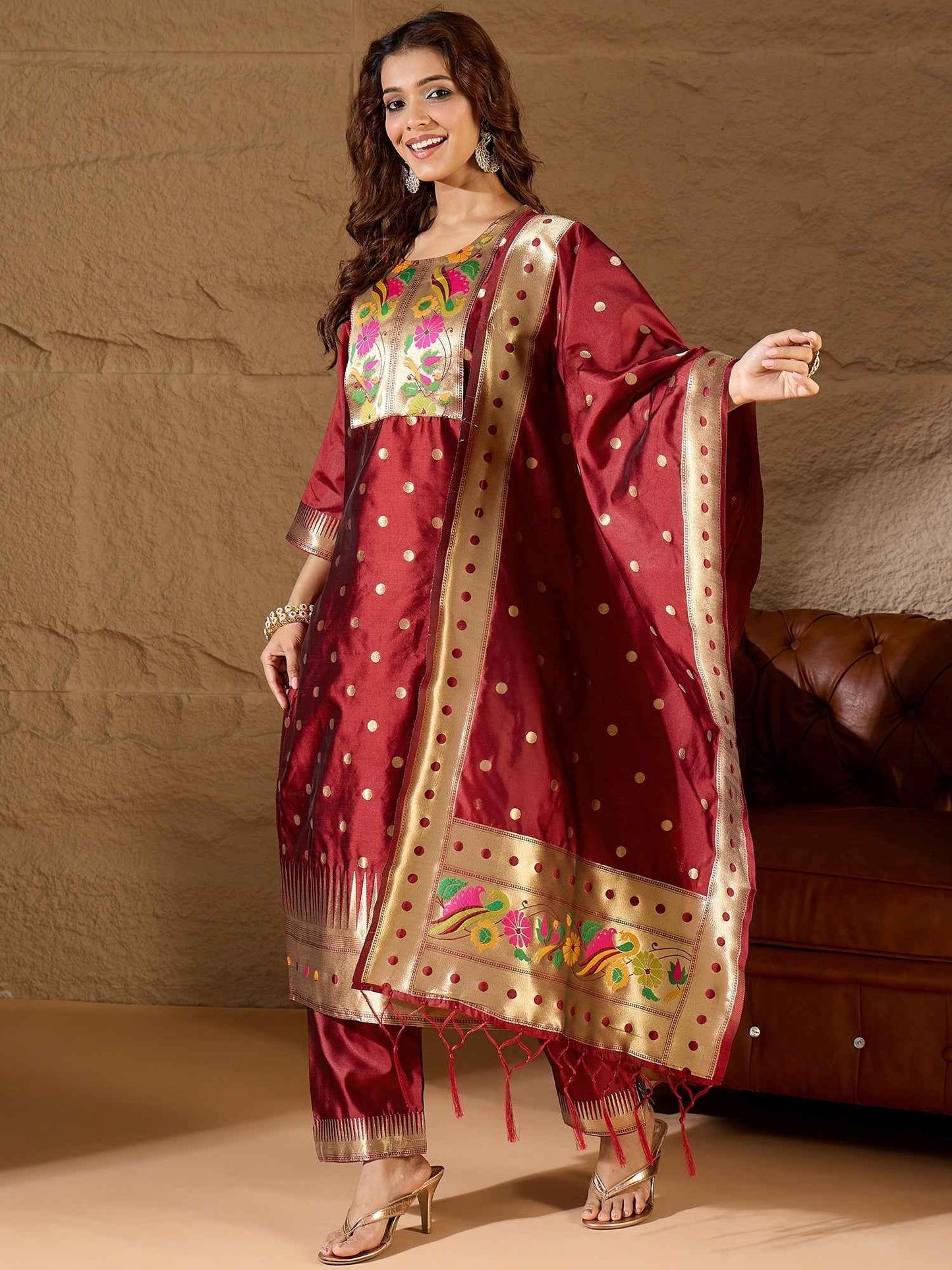 Aanira Maroon Cotton Silk Jacquard Kurta Pant With Banarasi Silk dupatta