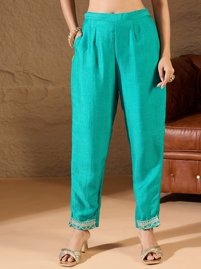 Bright Blue Silk Blend Yoke Design Kurta and Trousers Pant Set - FitVibe Fashion