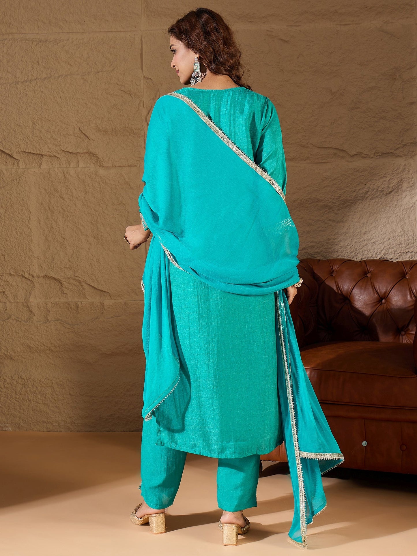 Bright Blue Silk Blend Yoke Design Kurta and Trousers Pant Set - FitVibe Fashion