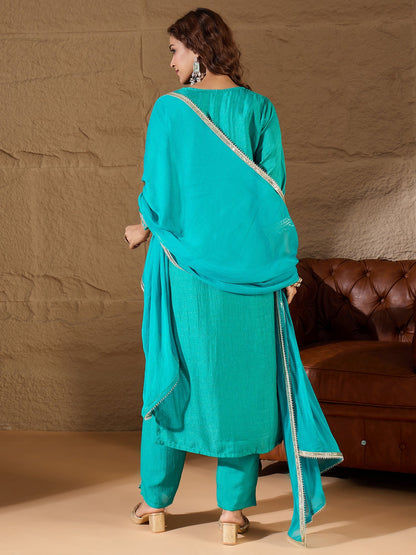 Bright Blue Silk Blend Yoke Design Kurta and Trousers Pant Set - FitVibe Fashion