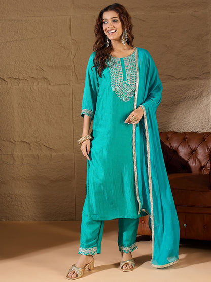 Bright Blue Silk Blend Yoke Design Kurta and Trousers Pant Set - FitVibe Fashion