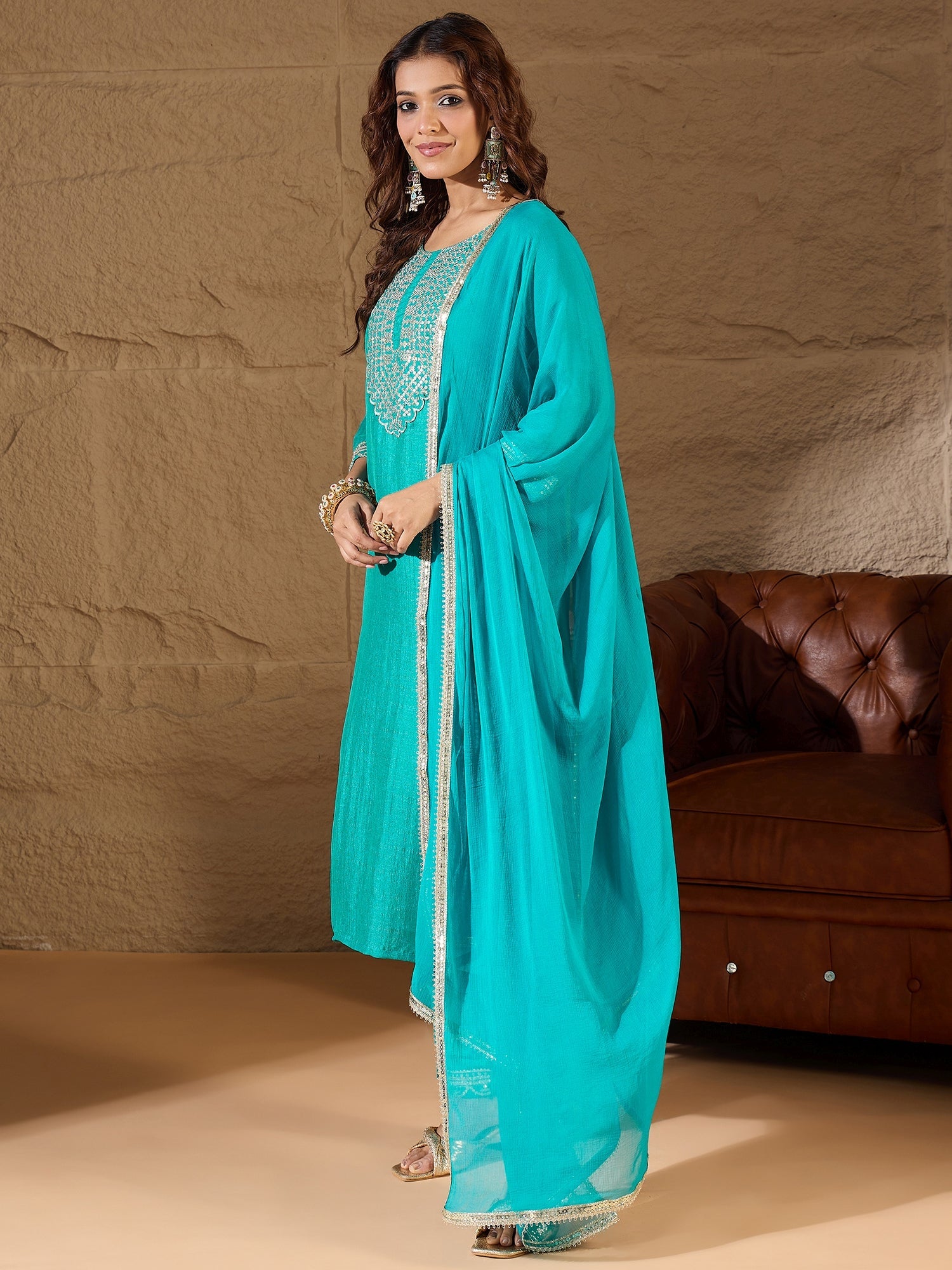 Bright Blue Silk Blend Yoke Design Kurta and Trousers Pant Set - FitVibe Fashion
