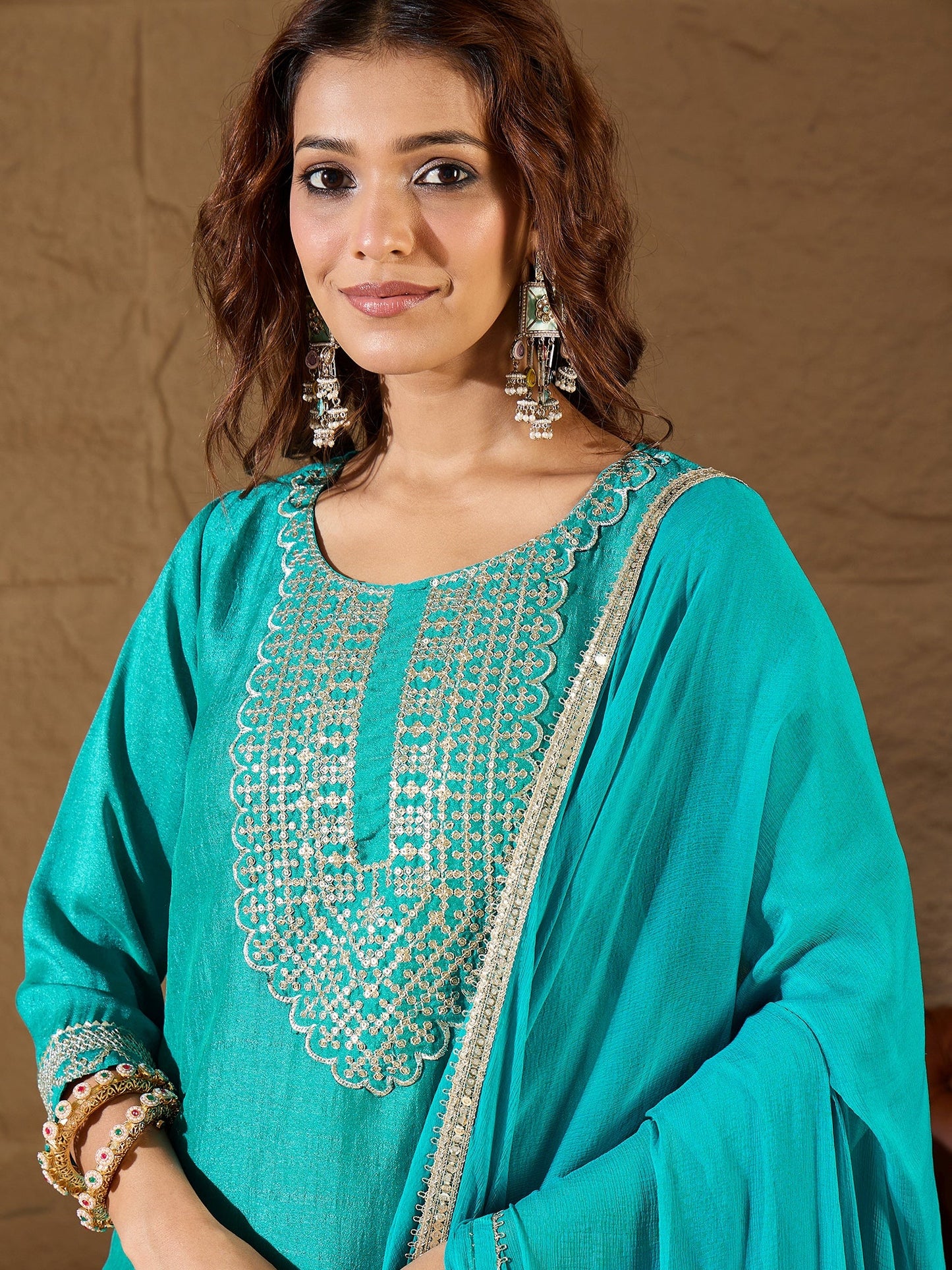 Bright Blue Silk Blend Yoke Design Kurta and Trousers Pant Set - FitVibe Fashion