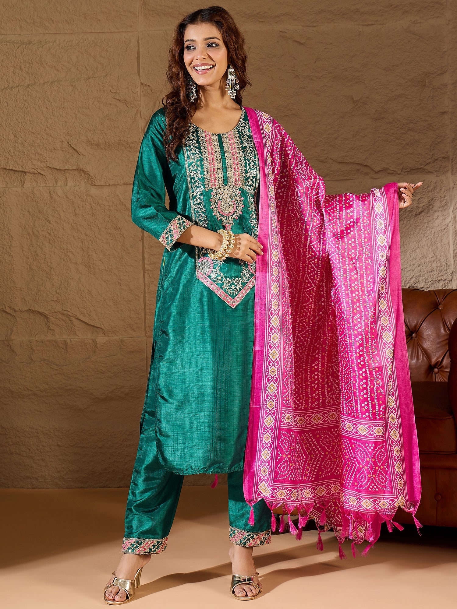 Devira Embroidered Silk Blend Calf Length Straight Kurta Trouser with Dupatta Set - FitVibe Fashion