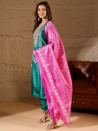 Devira Embroidered Silk Blend Calf Length Straight Kurta Trouser with Dupatta Set - FitVibe Fashion