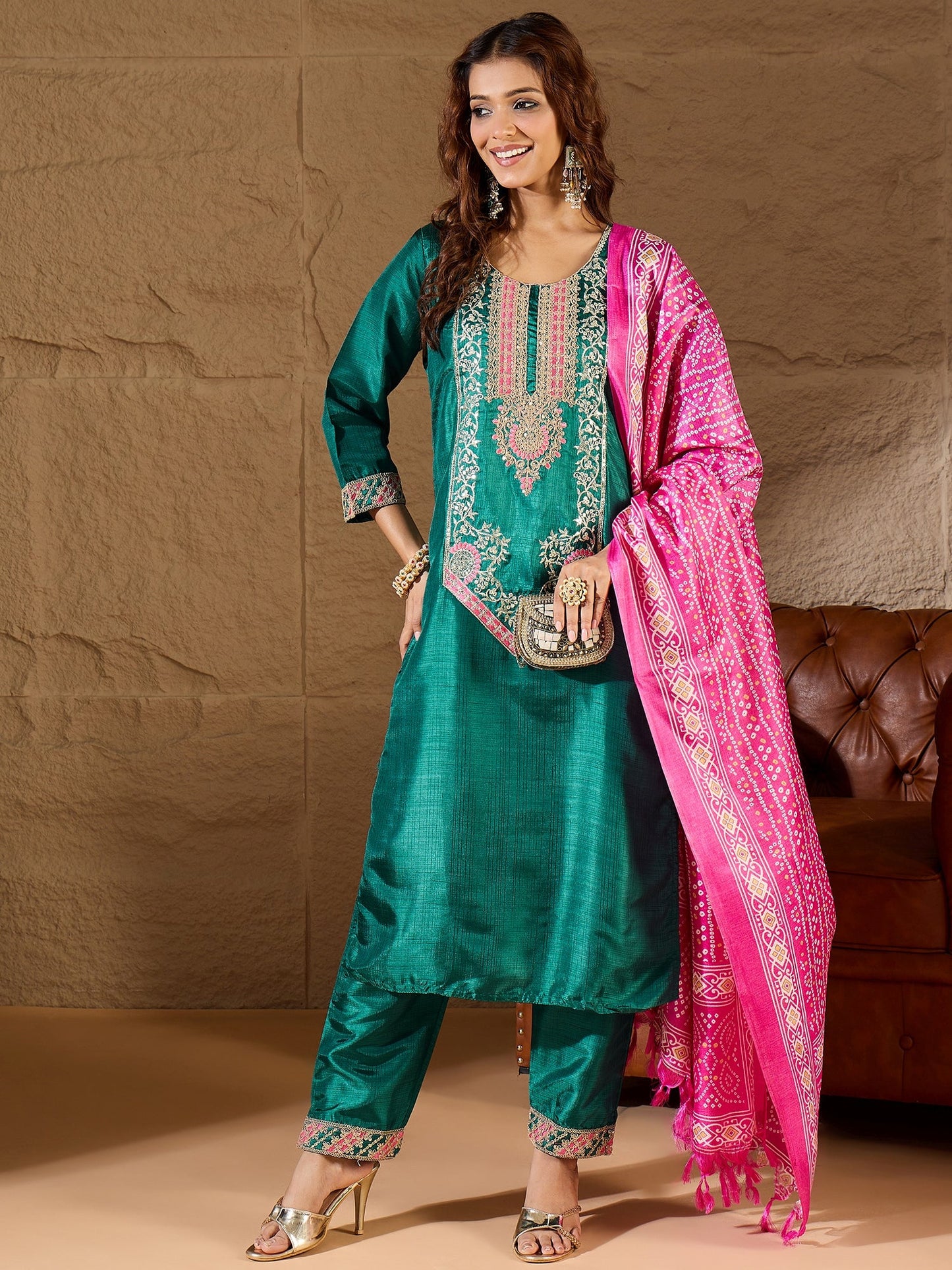 Devira Embroidered Silk Blend Calf Length Straight Kurta Trouser with Dupatta Set - FitVibe Fashion