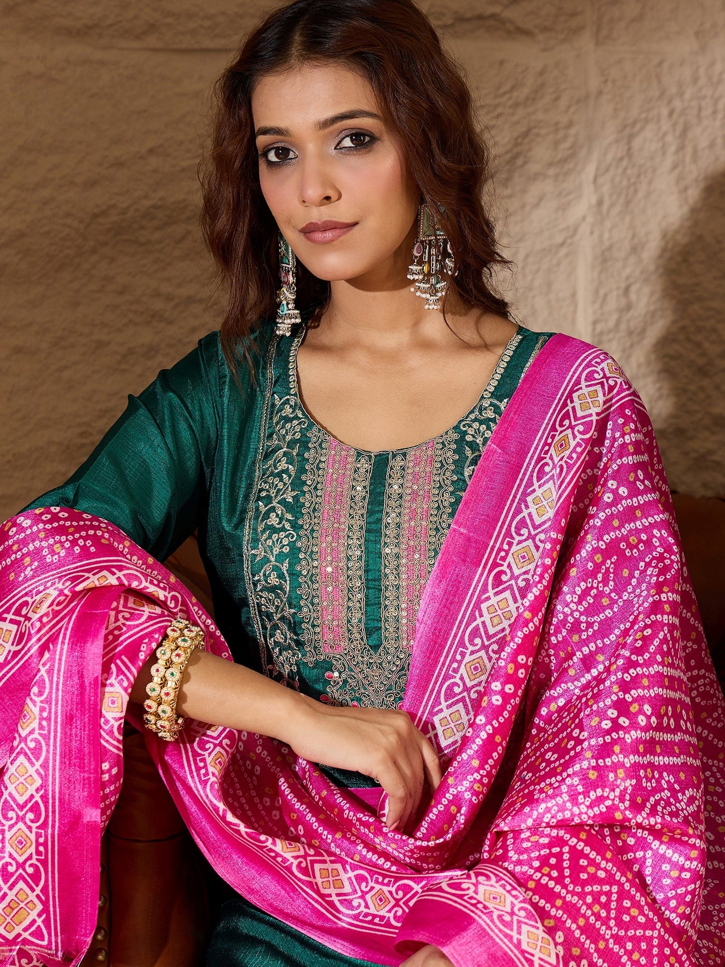 Devira Embroidered Silk Blend Calf Length Straight Kurta Trouser with Dupatta Set - FitVibe Fashion