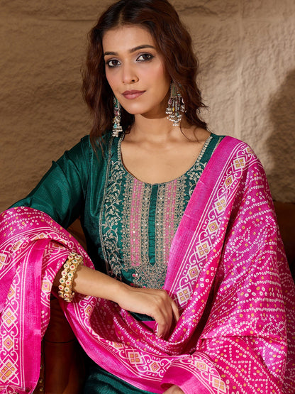 Devira Embroidered Silk Blend Calf Length Straight Kurta Trouser with Dupatta Set - FitVibe Fashion