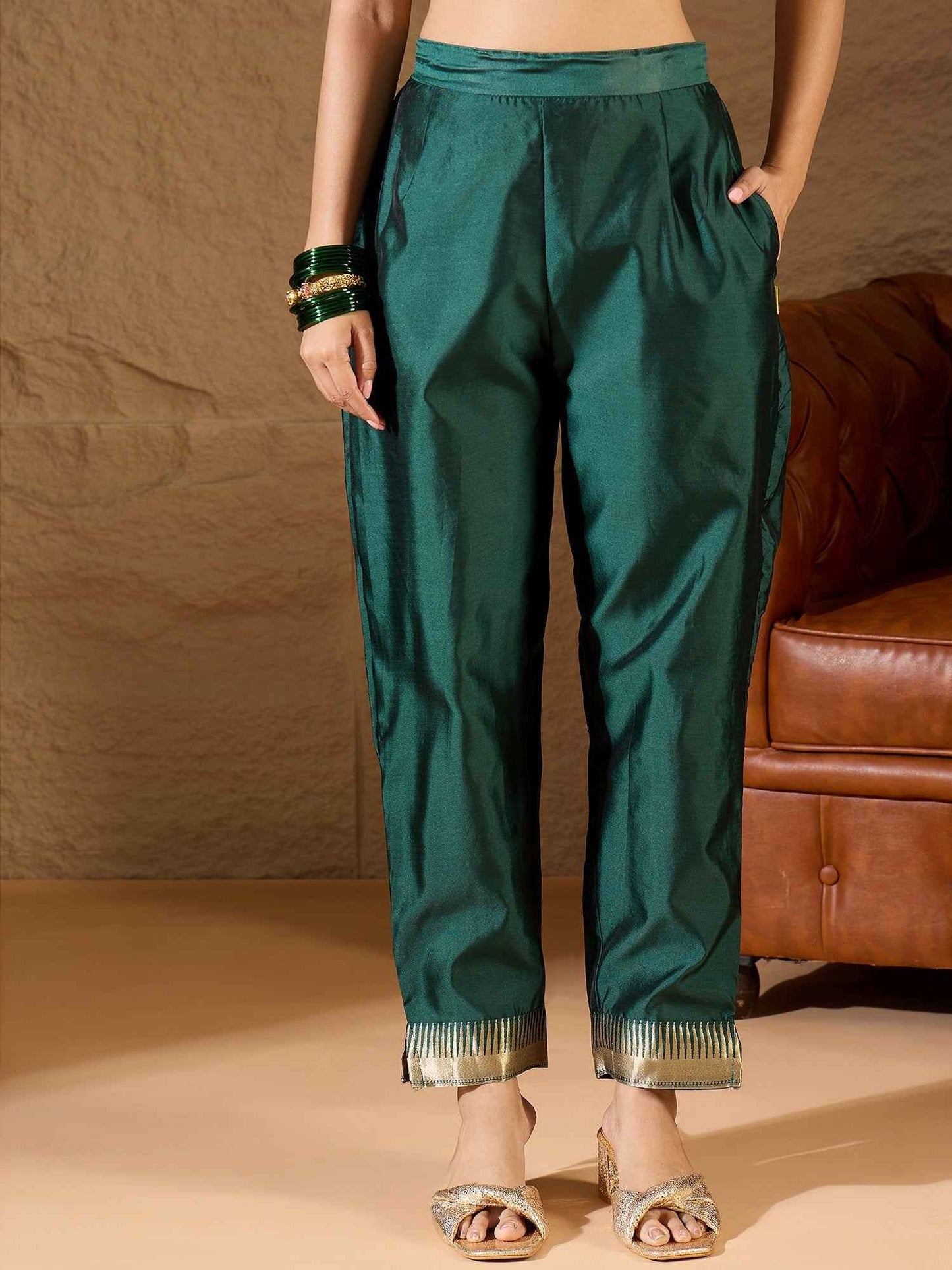 Aanira Green Cotton Silk Jacquard Kurta Pant With Banarasi Silk dupatta