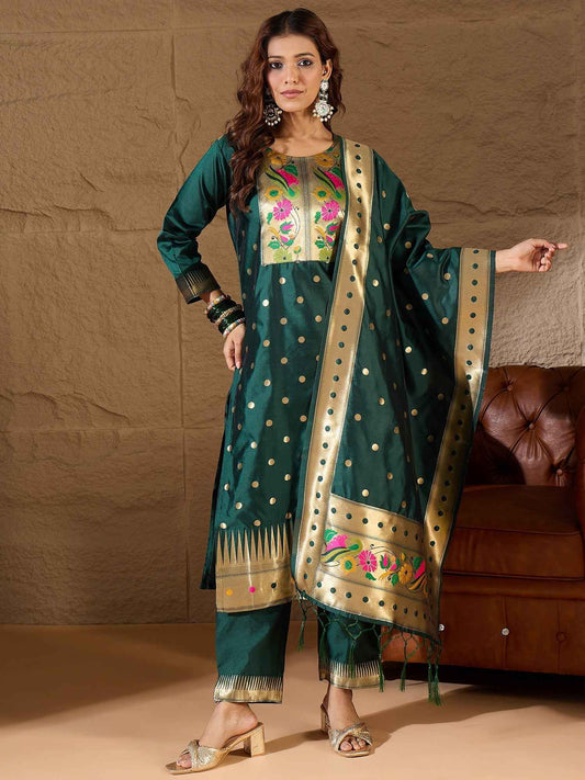 Aanira Green Cotton Silk Jacquard Kurta Pant With Banarasi Silk dupatta