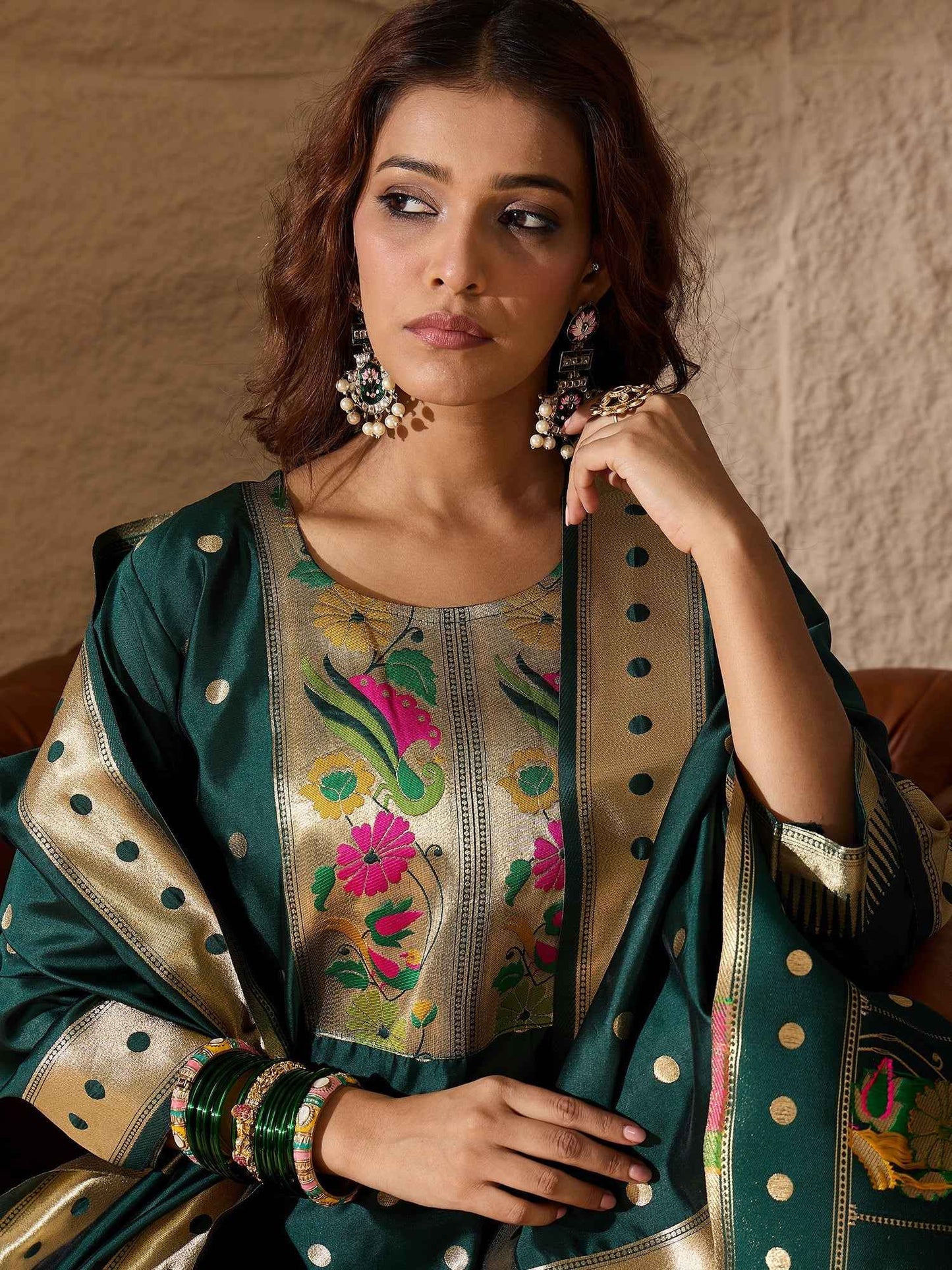 Aanira Green Cotton Silk Jacquard Kurta Pant With Banarasi Silk dupatta