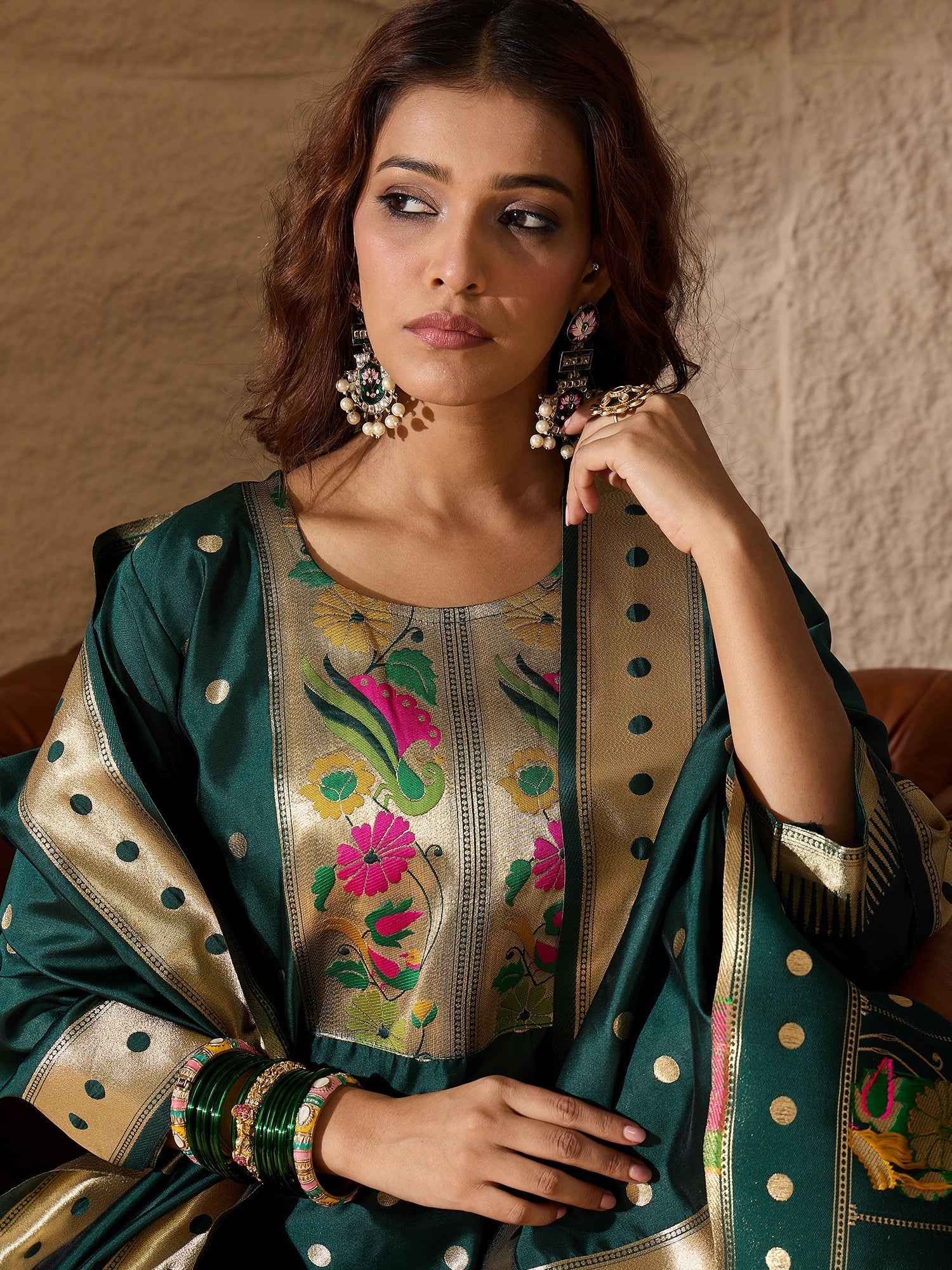 Aanira Green Cotton Silk Jacquard Kurta Pant With Banarasi Silk dupatta