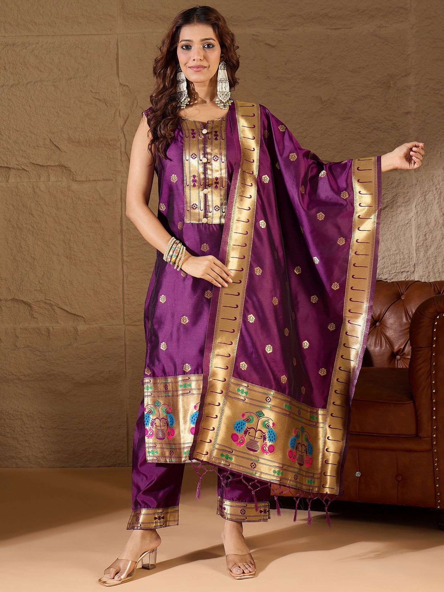 Misty Orchid Purple Meenakari Silk Jacquard Kurta Set Suits - FitVibe Fashion