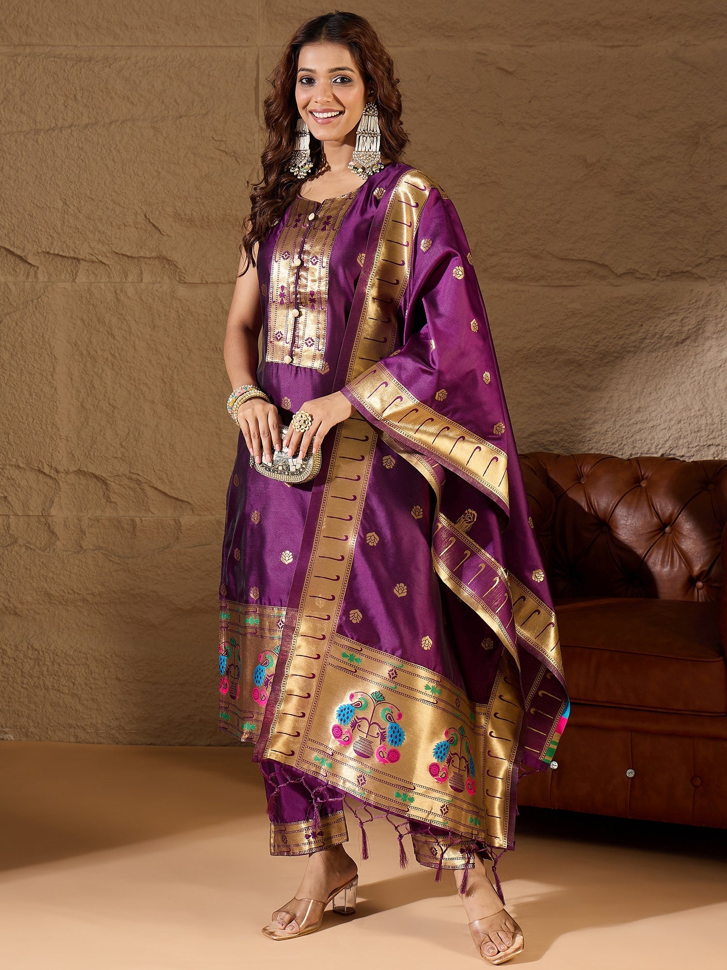 Misty Orchid Purple Meenakari Silk Jacquard Kurta Set Suits - FitVibe Fashion