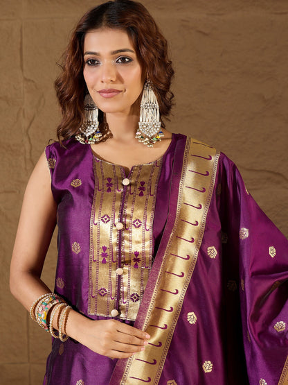 Misty Orchid Purple Meenakari Silk Jacquard Kurta Set Suits - FitVibe Fashion