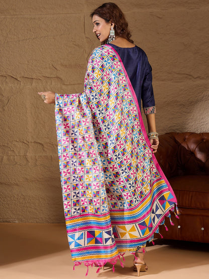 Devira Embroidered Silk Blend Calf Length Straight Kurta Trouser with Dupatta Set - FitVibe Fashion