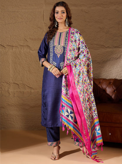 Devira Embroidered Silk Blend Calf Length Straight Kurta Trouser with Dupatta Set - FitVibe Fashion