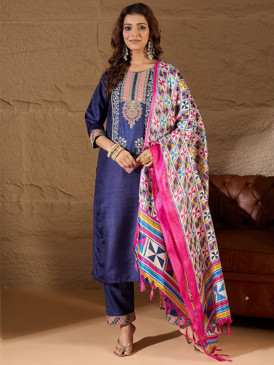 Devira Embroidered Silk Blend Calf Length Straight Kurta Trouser with Dupatta Set - FitVibe Fashion