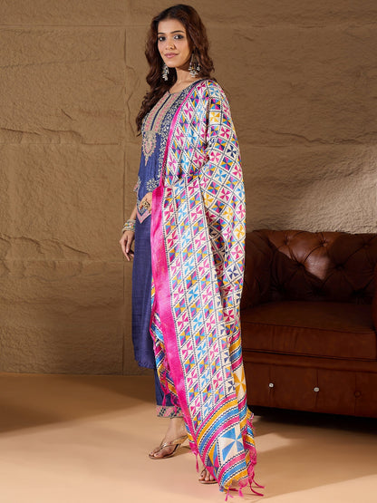 Devira Embroidered Silk Blend Calf Length Straight Kurta Trouser with Dupatta Set - FitVibe Fashion