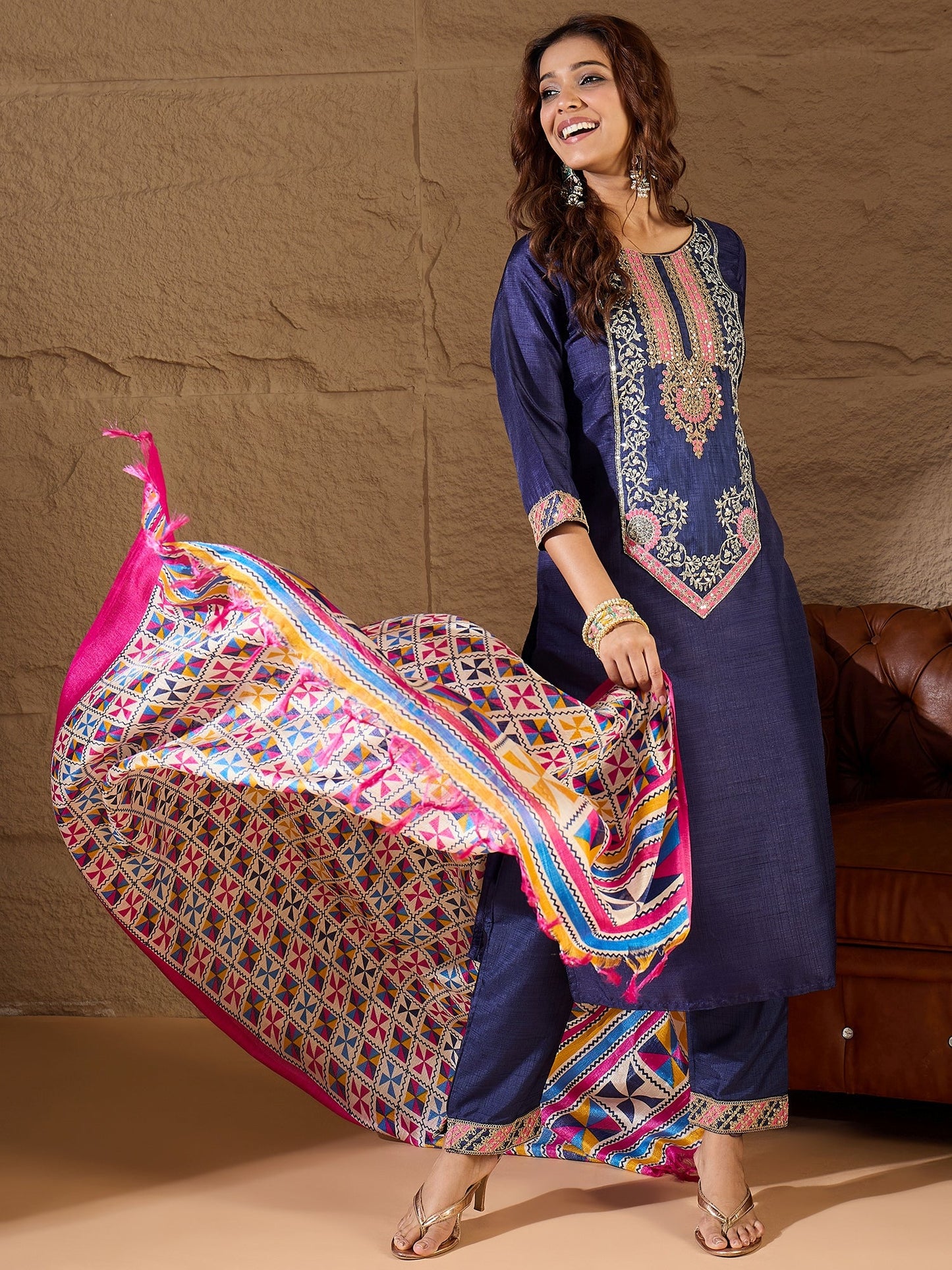 Devira Embroidered Silk Blend Calf Length Straight Kurta Trouser with Dupatta Set - FitVibe Fashion