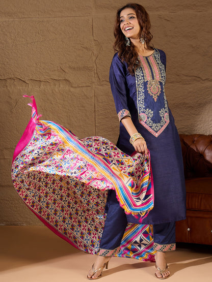 Devira Embroidered Silk Blend Calf Length Straight Kurta Trouser with Dupatta Set - FitVibe Fashion