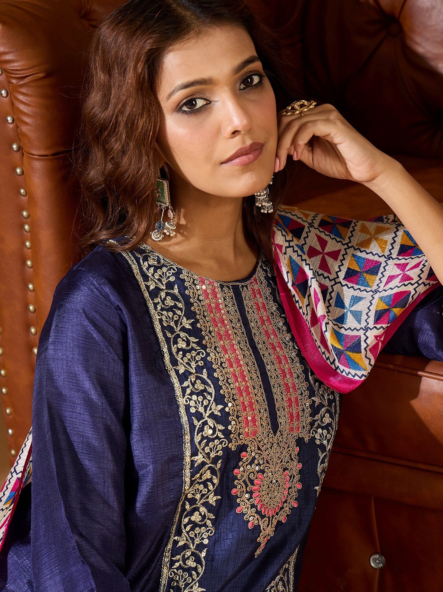 Devira Embroidered Silk Blend Calf Length Straight Kurta Trouser with Dupatta Set - FitVibe Fashion