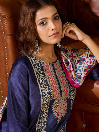 Devira Embroidered Silk Blend Calf Length Straight Kurta Trouser with Dupatta Set - FitVibe Fashion