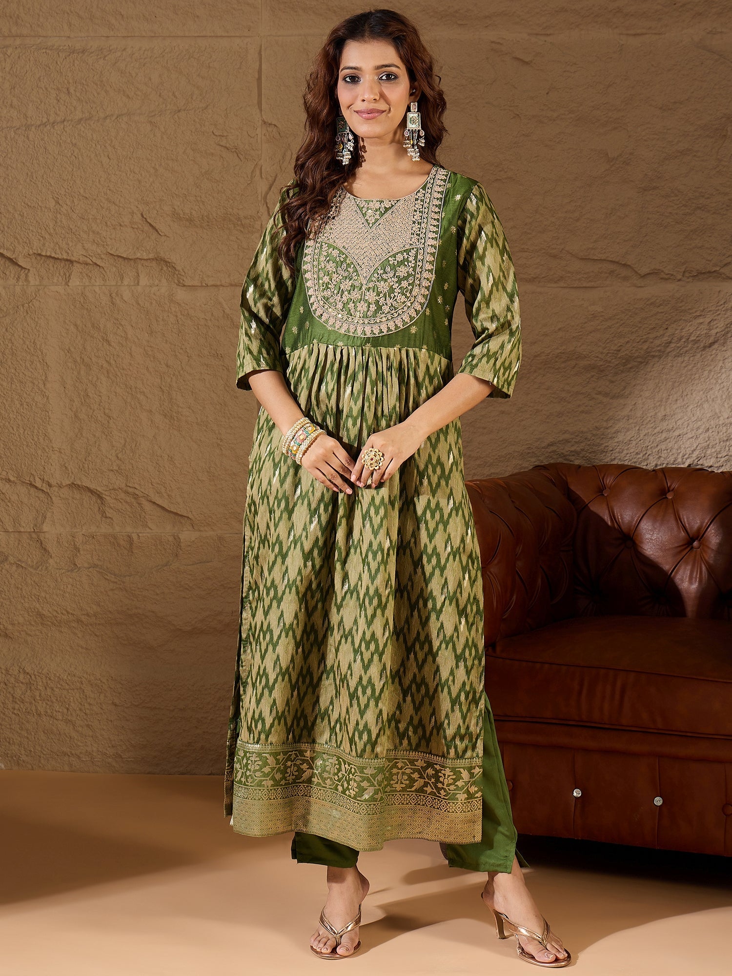 Saiyaara Mehndi Cotton Silk Embellished Flared Suit Set - FitVibe Fashion