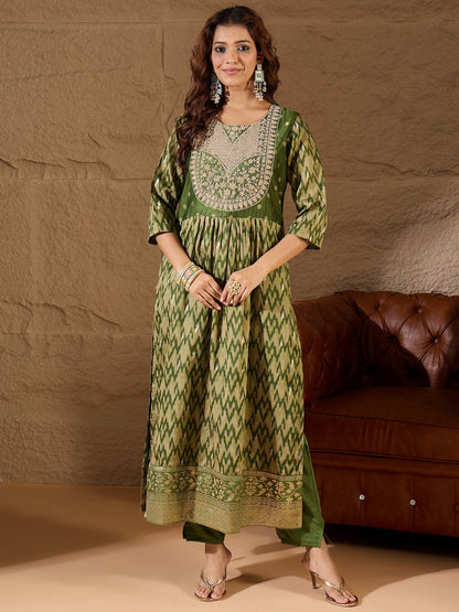 Saiyaara Mehndi Cotton Silk Embellished Flared Suit Set - FitVibe Fashion