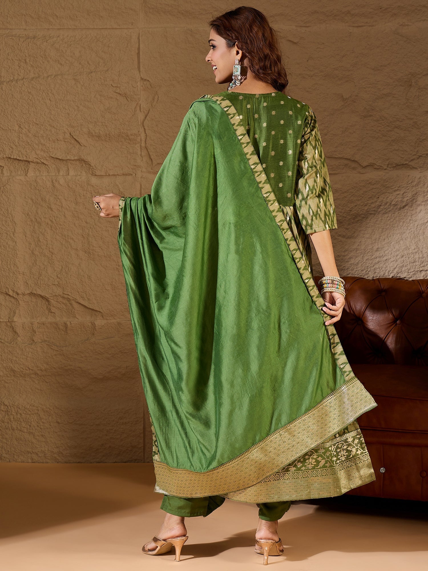 Saiyaara Mehndi Cotton Silk Embellished Flared Suit Set - FitVibe Fashion