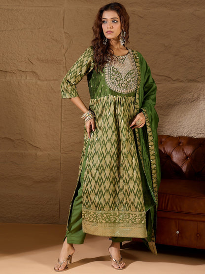 Saiyaara Mehndi Cotton Silk Embellished Flared Suit Set - FitVibe Fashion