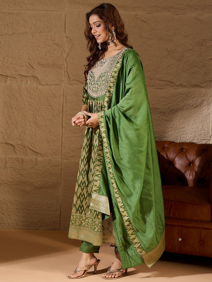 Saiyaara Mehndi Cotton Silk Embellished Flared Suit Set - FitVibe Fashion