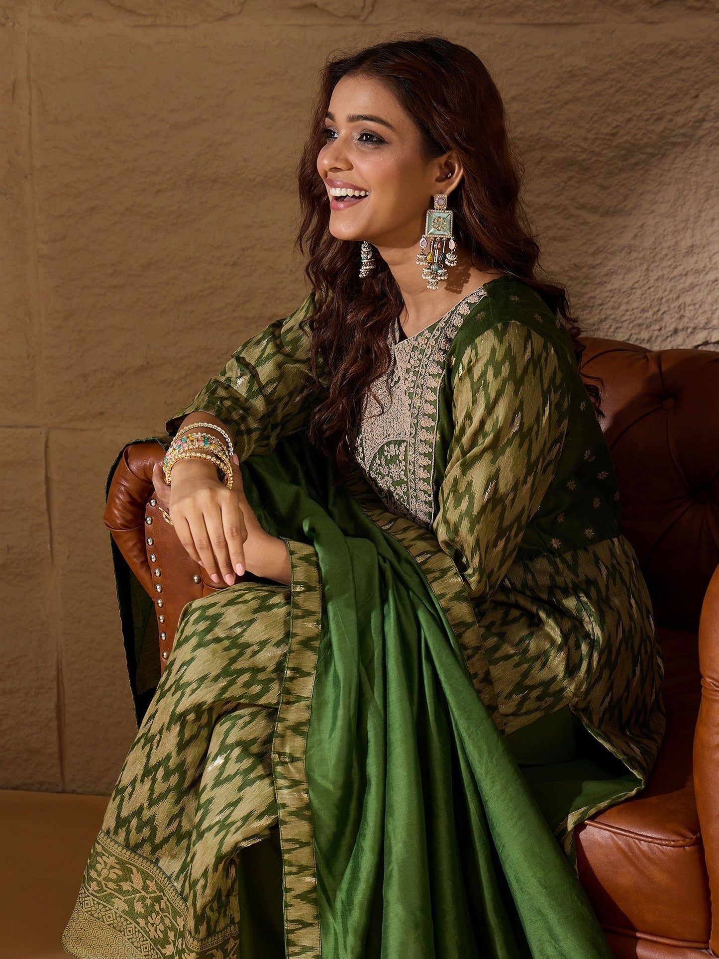 Saiyaara Mehndi Cotton Silk Embellished Flared Suit Set - FitVibe Fashion