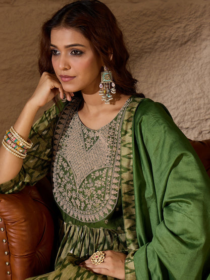 Saiyaara Mehndi Cotton Silk Embellished Flared Suit Set - FitVibe Fashion