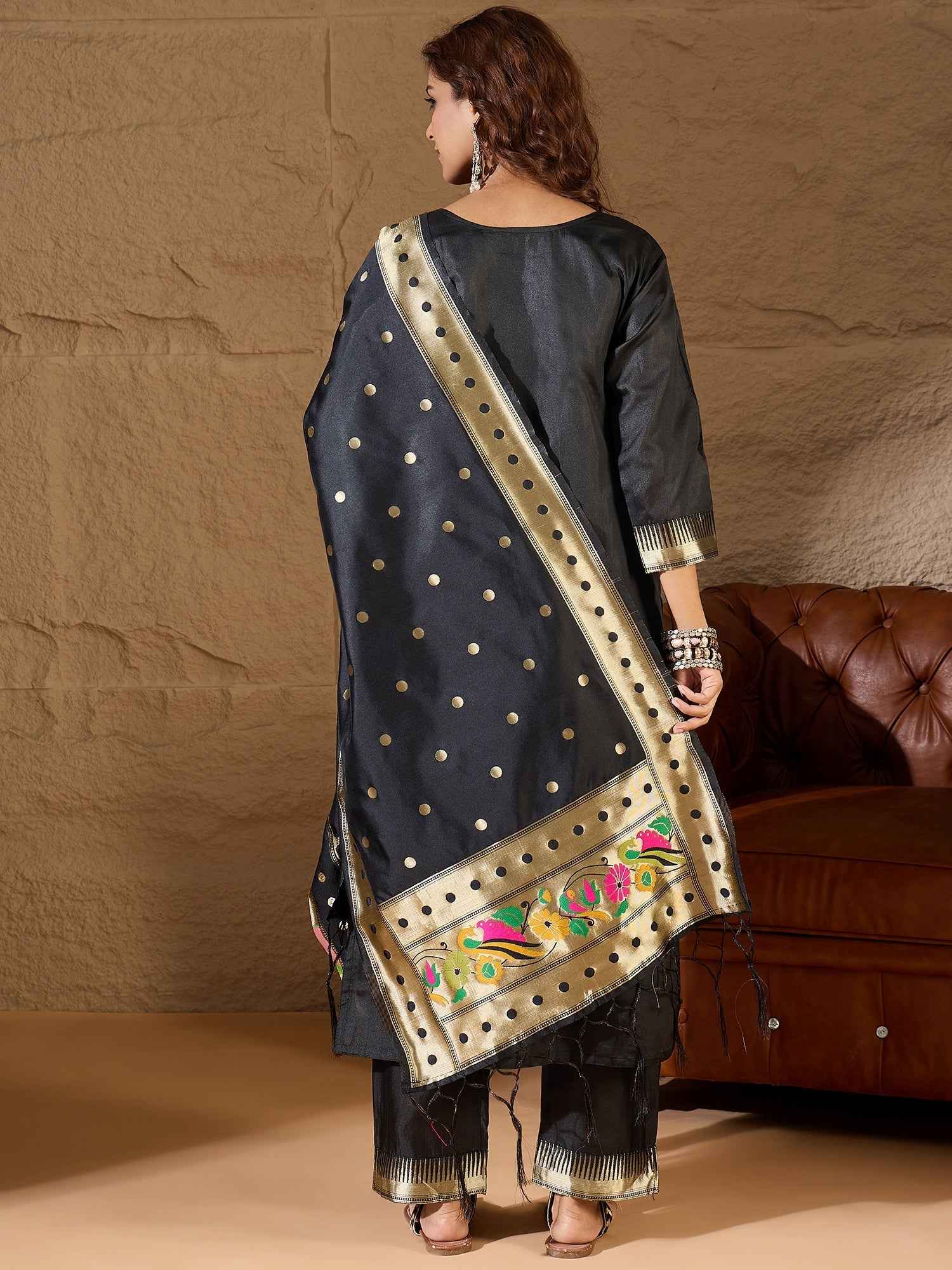 Aanira Black Cotton Silk Jacquard Kurta Pant With Banarasi Silk dupatta