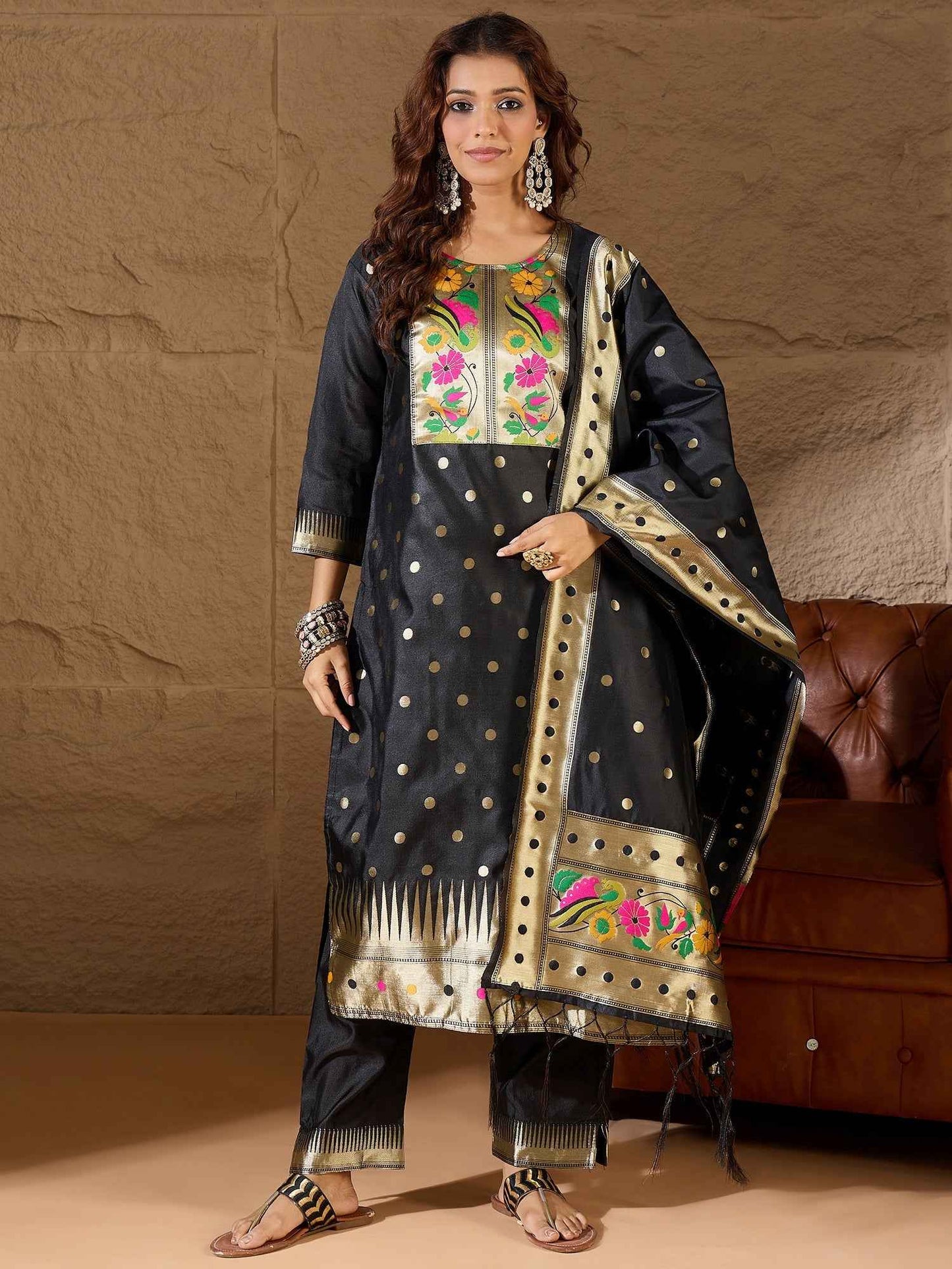 Aanira Black Cotton Silk Jacquard Kurta Pant With Banarasi Silk dupatta