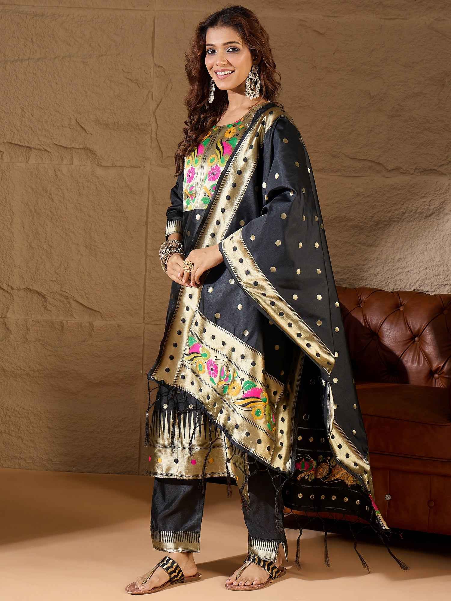 Aanira Black Cotton Silk Jacquard Kurta Pant With Banarasi Silk dupatta