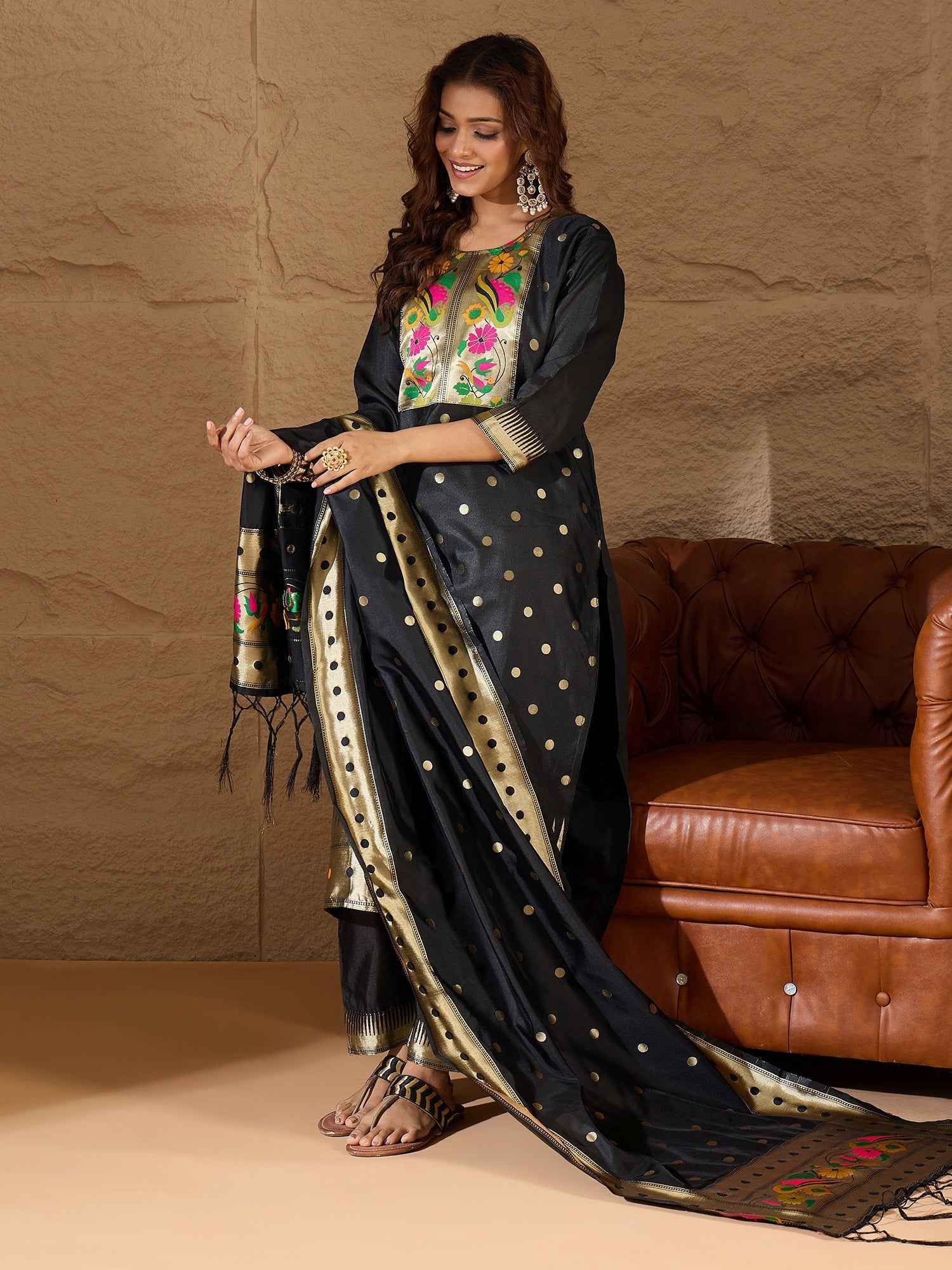 Aanira Black Cotton Silk Jacquard Kurta Pant With Banarasi Silk dupatta