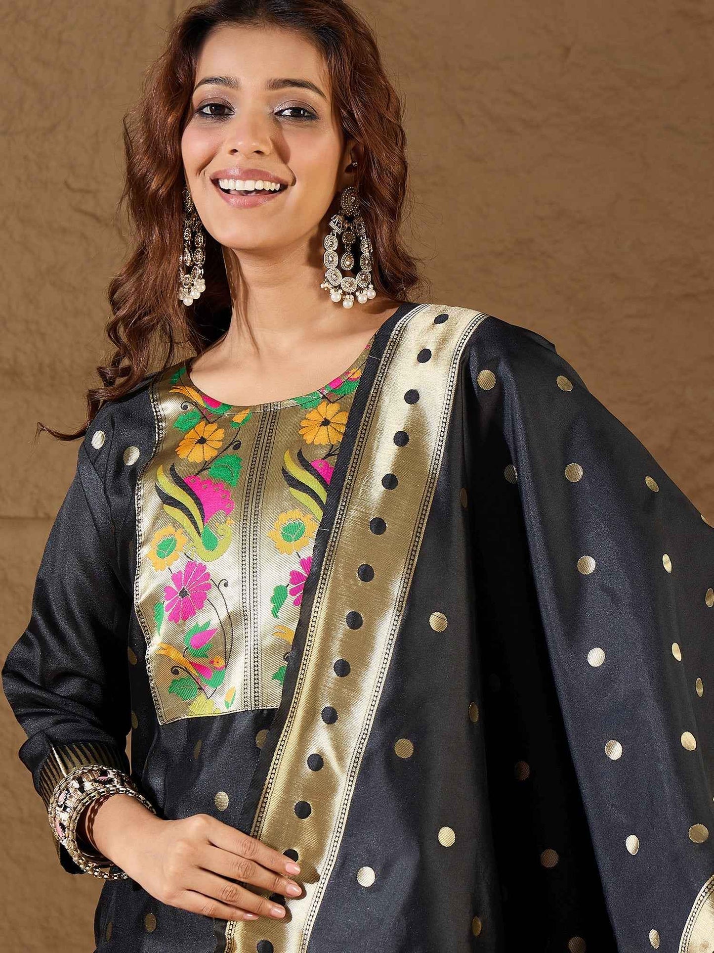 Aanira Black Cotton Silk Jacquard Kurta Pant With Banarasi Silk dupatta