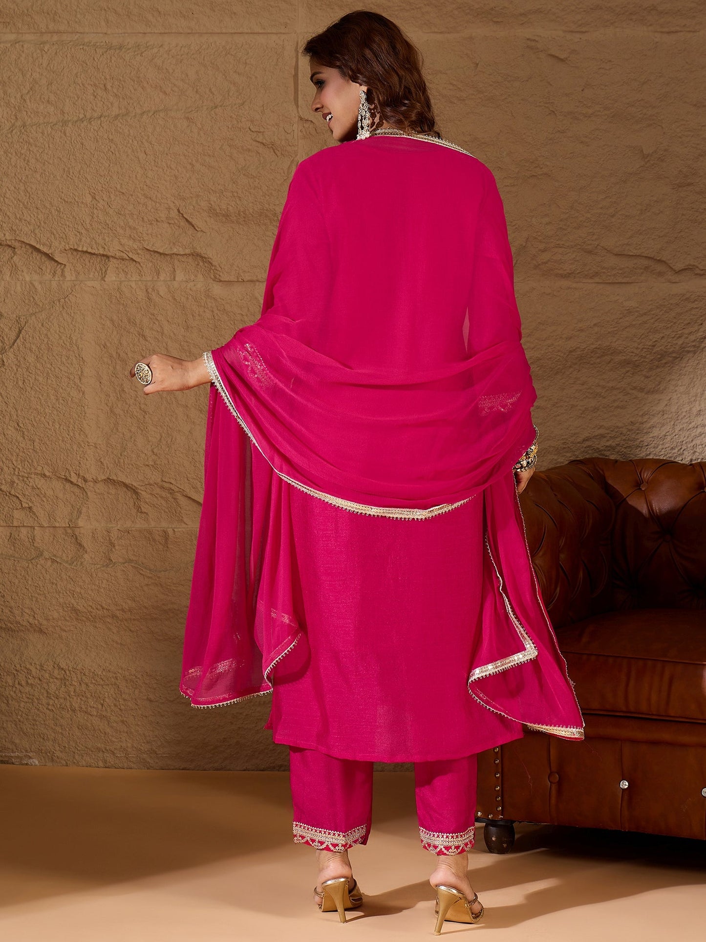 Pink Silk Blend Yoke Design Kurta and Trousers Pant Set - FitVibe Fashion