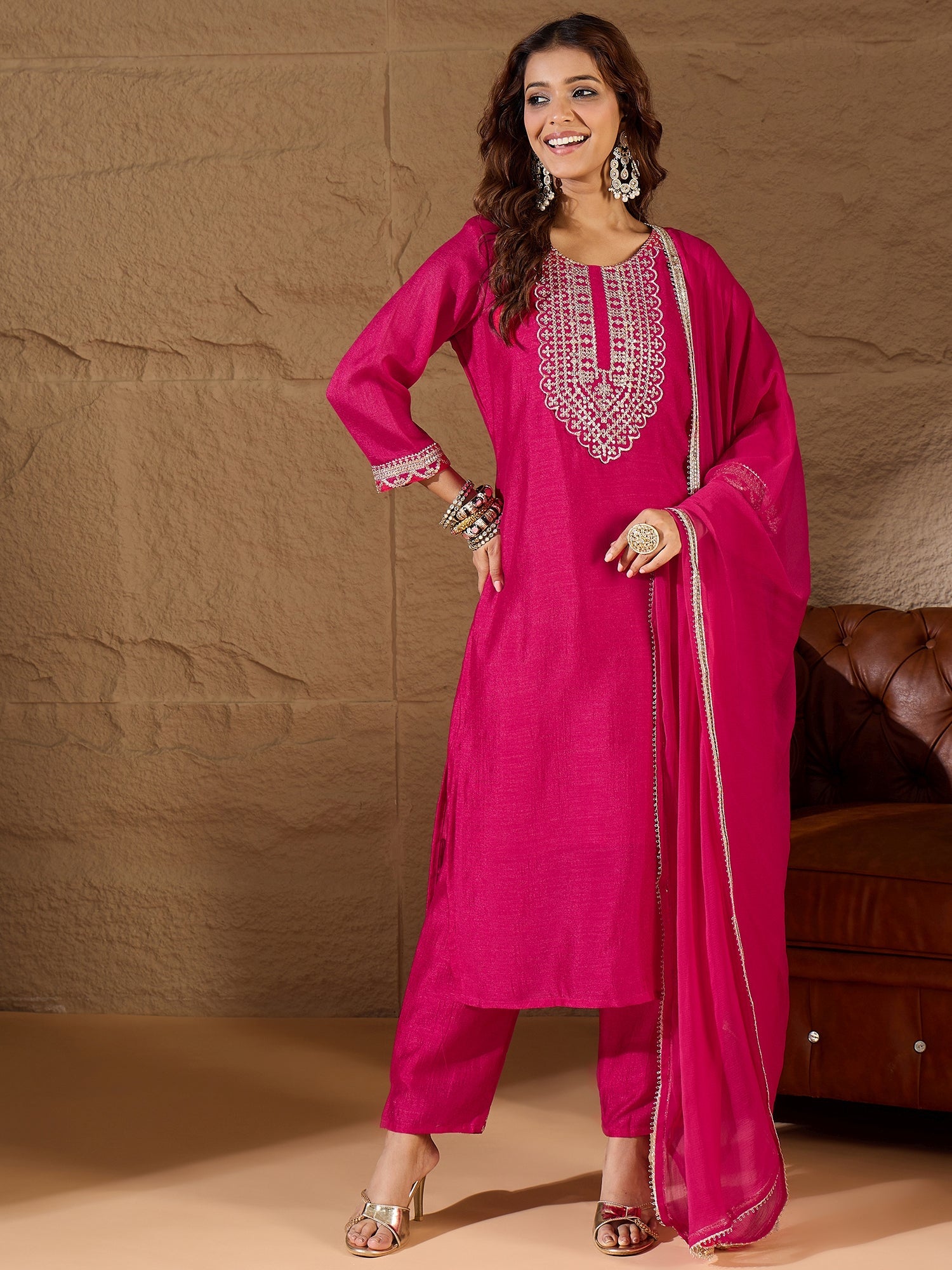 Pink Silk Blend Yoke Design Kurta and Trousers Pant Set - FitVibe Fashion