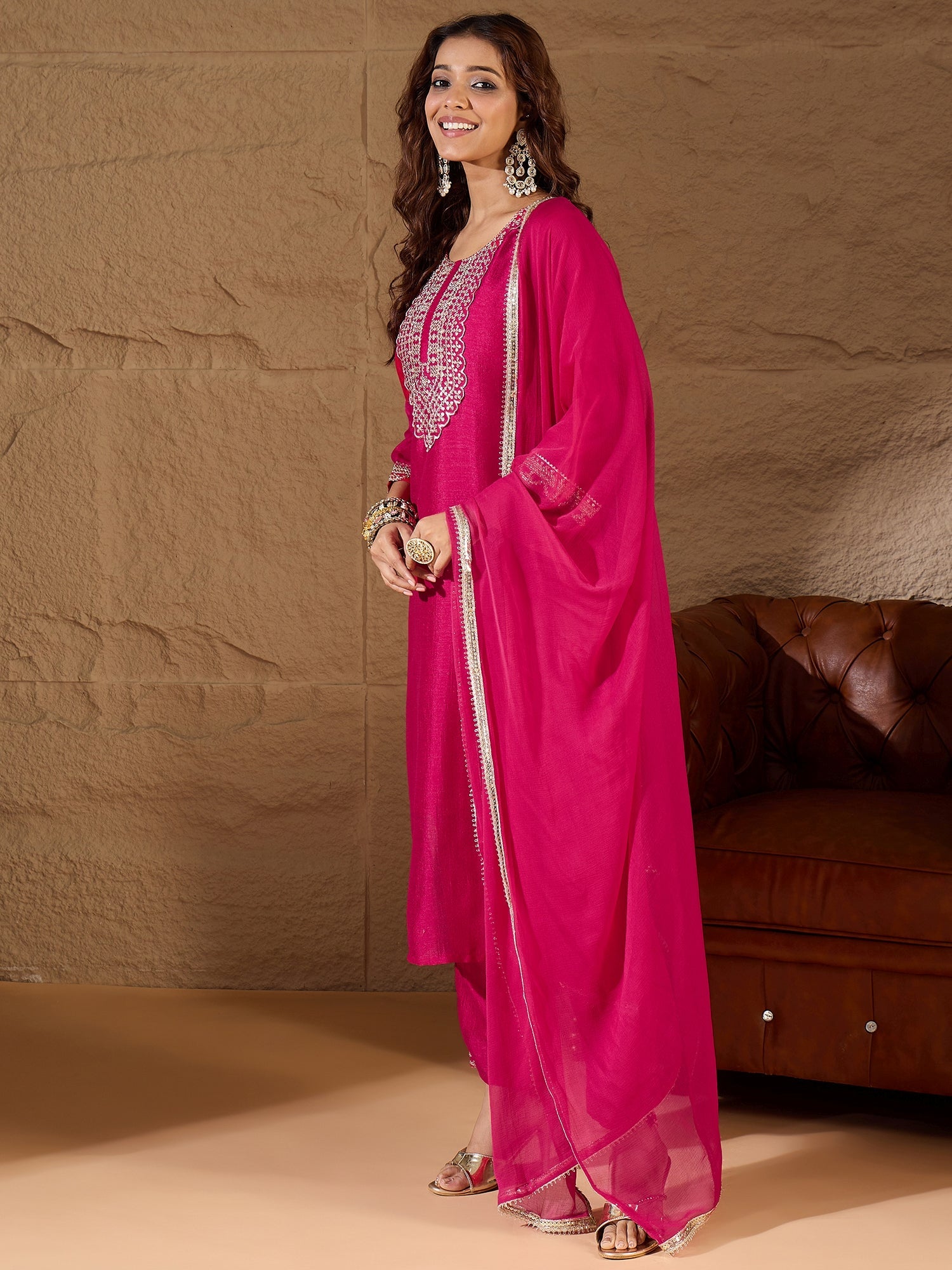Pink Silk Blend Yoke Design Kurta and Trousers Pant Set - FitVibe Fashion