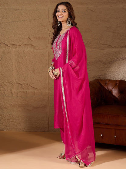 Pink Silk Blend Yoke Design Kurta and Trousers Pant Set - FitVibe Fashion