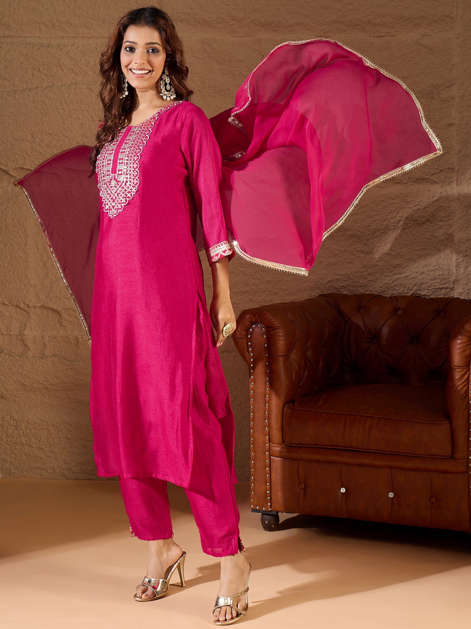 Pink Silk Blend Yoke Design Kurta and Trousers Pant Set - FitVibe Fashion