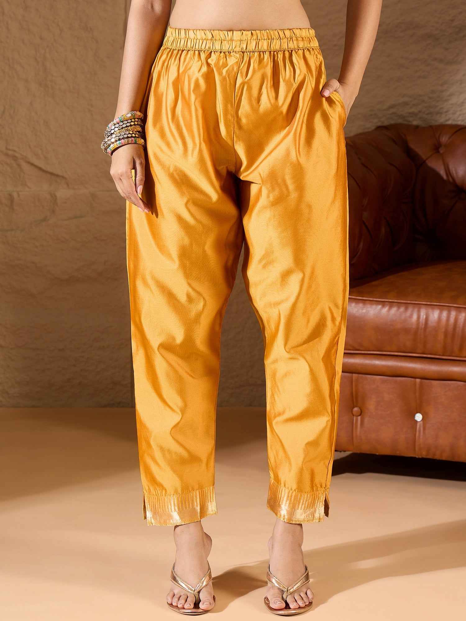 Aanira Yellow Cotton Silk Jacquard Kurta Pant With Banarasi Silk dupatta