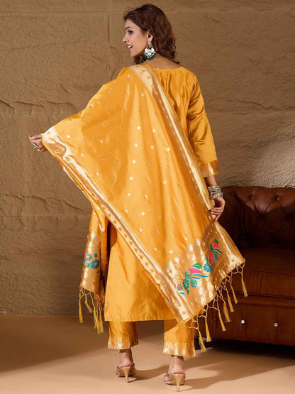 Aanira Yellow Cotton Silk Jacquard Kurta Pant With Banarasi Silk dupatta