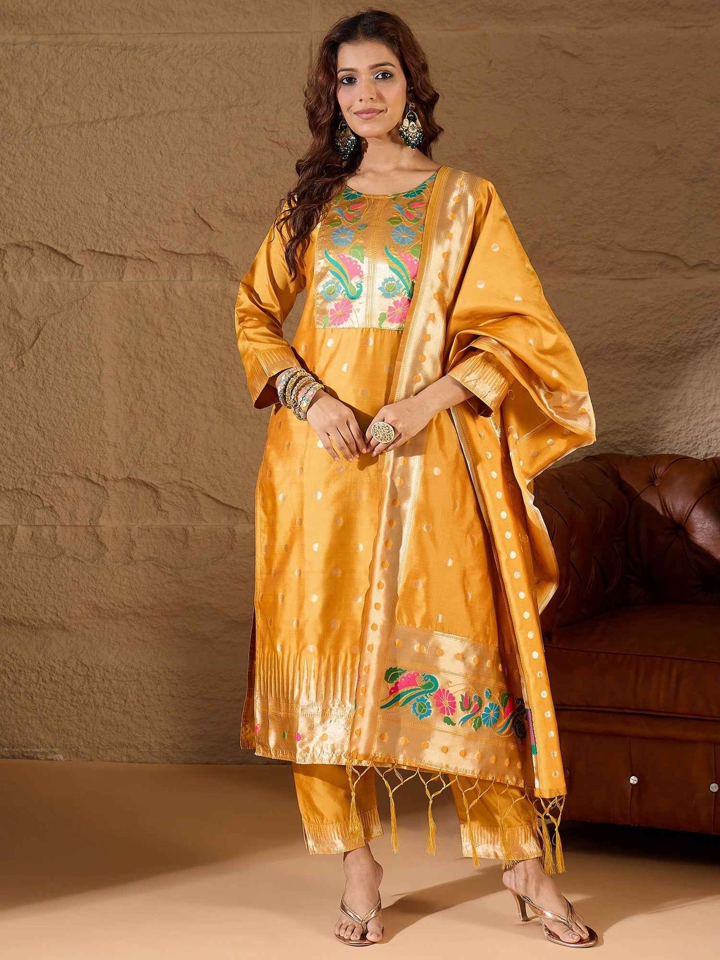Aanira Yellow Cotton Silk Jacquard Kurta Pant With Banarasi Silk dupatta